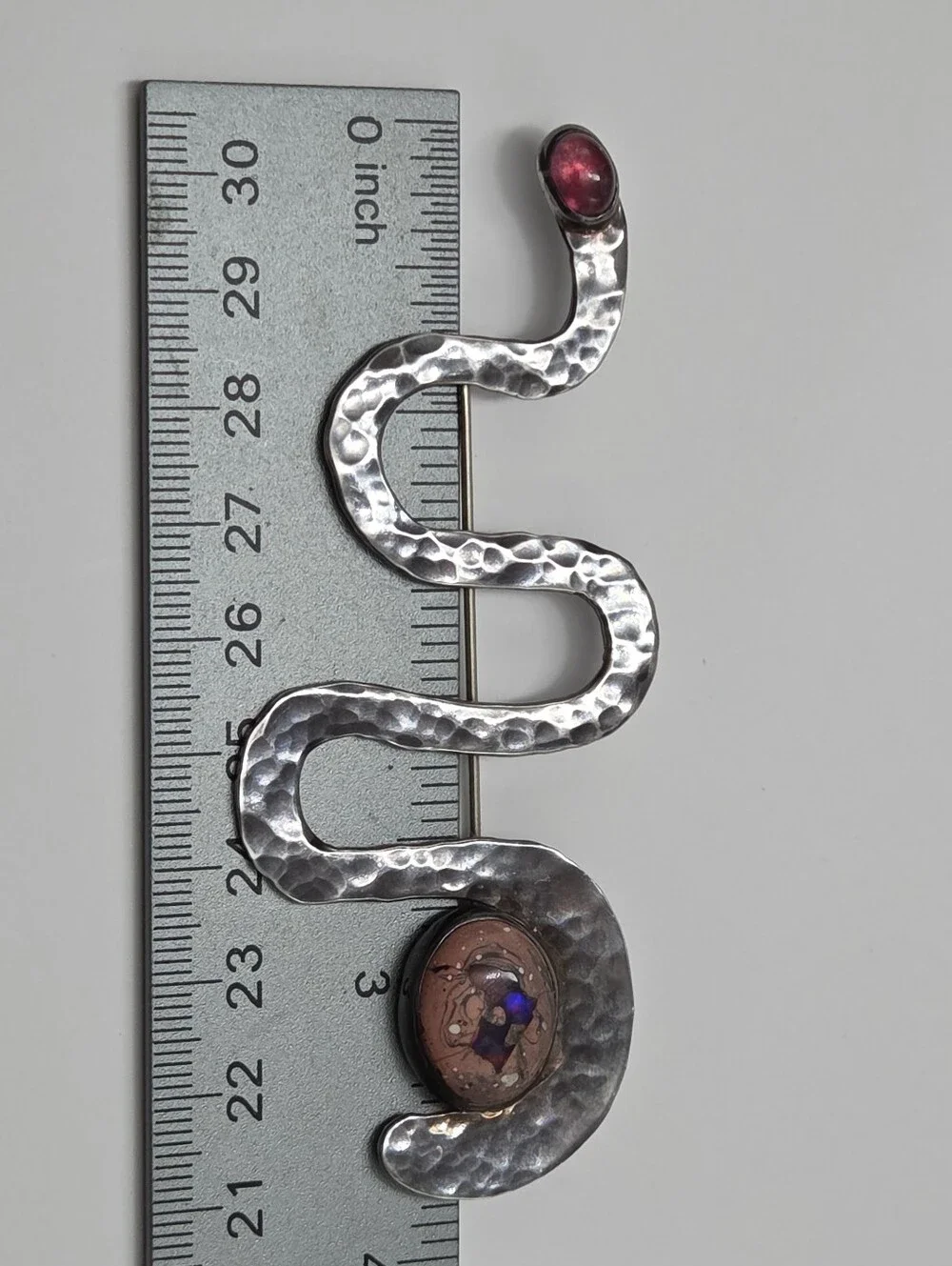 Vintage Mexican Sterling, Fire Opal, Pink Tourmaline Abstract Snake Brooch